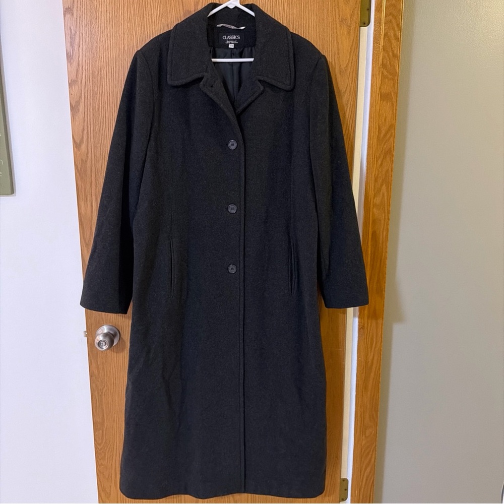 Vintage Larry Levine Trench Coat Size 18W 100% Wool Long Classic 3 Button Gray